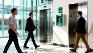 Mindray AED installed in a corporate building in Adelaide with employees walking past