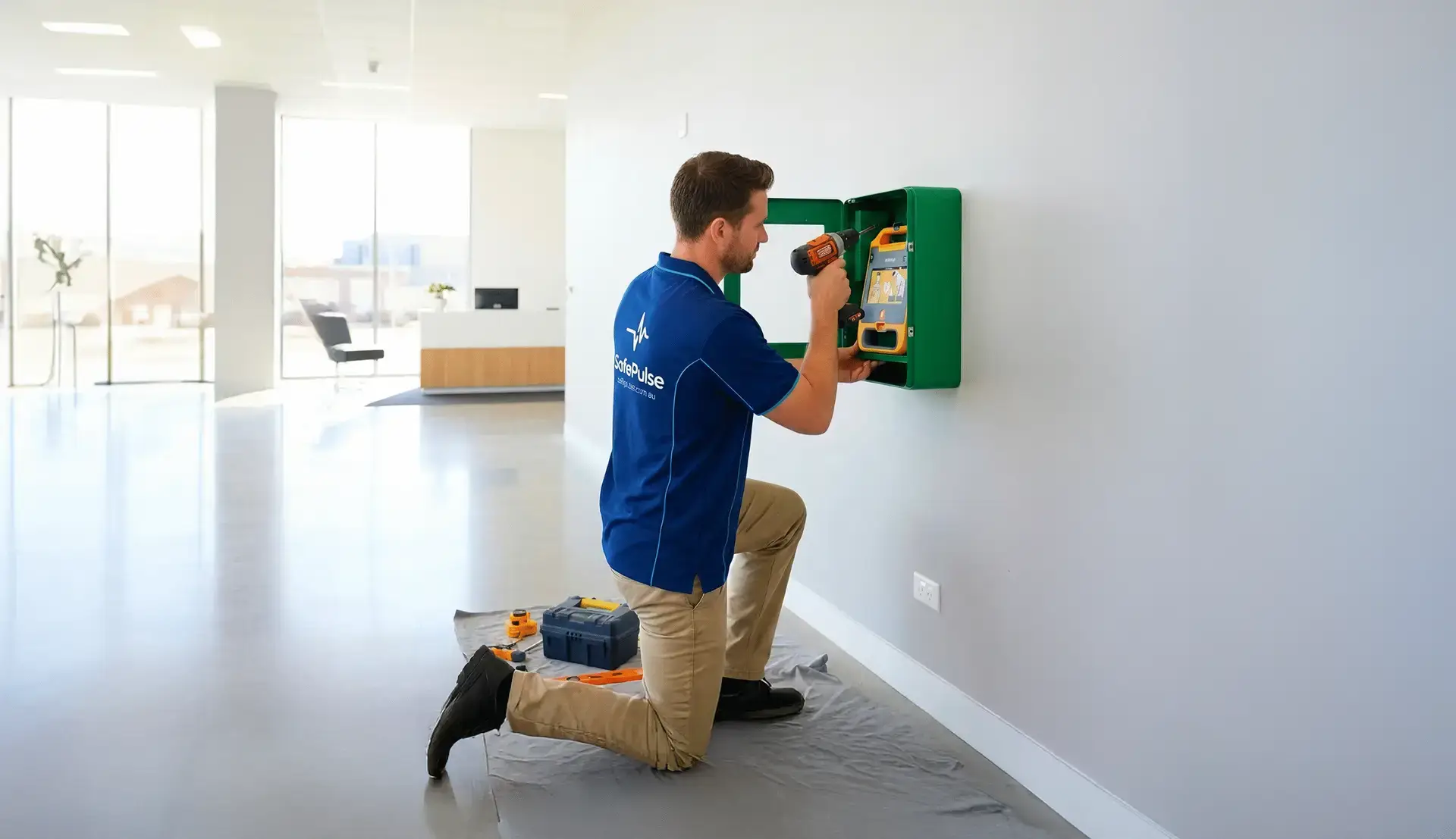 Technician installing a Safepulse Automated External Defibrillator or AED at an Adelaide workplace