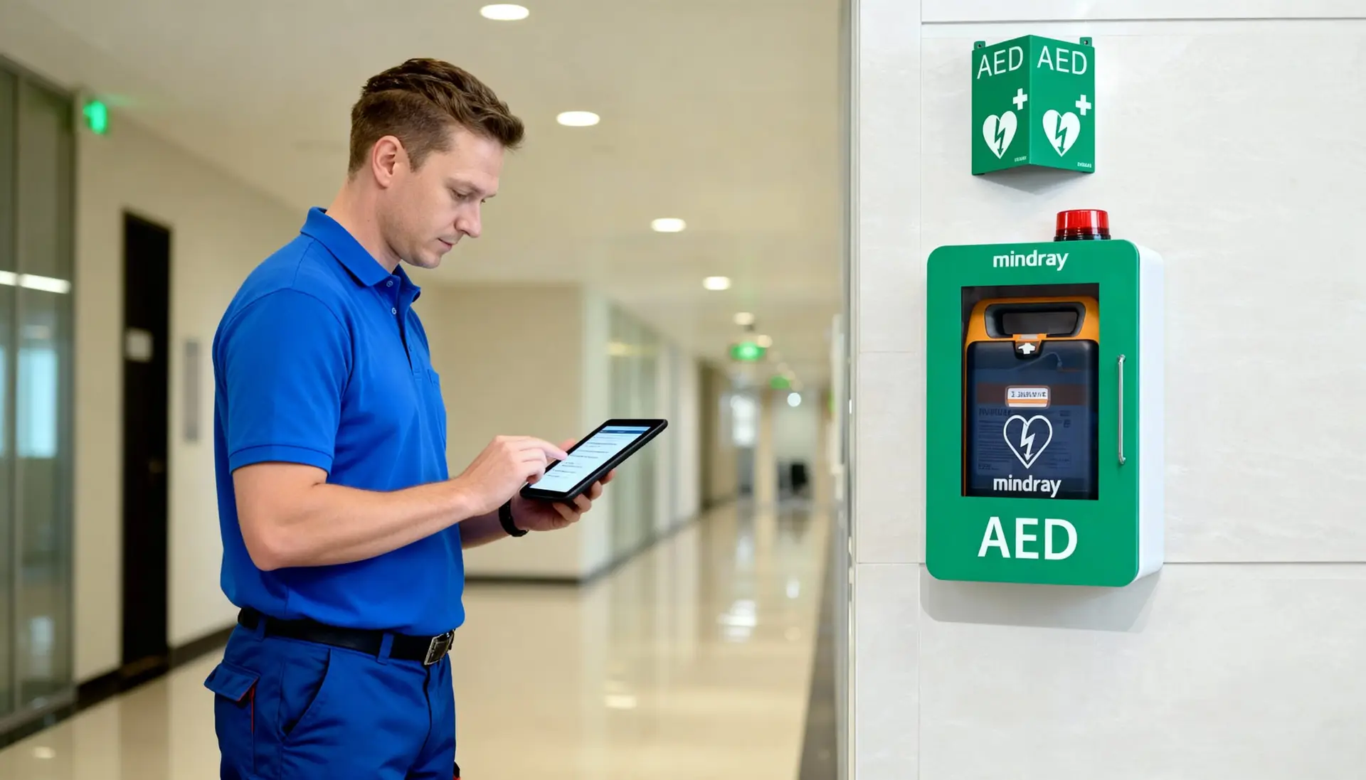 Safepulse technician doing a defibrillator service at an Adelaide workplace