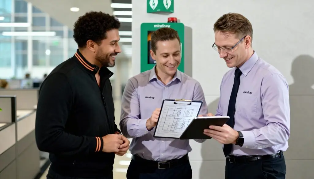 Three men discuss AED compliance during an installation at an Adelaide workplace