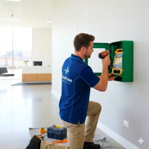 SafePulse technician installing an AED cabinet in a South Australian commercial reception